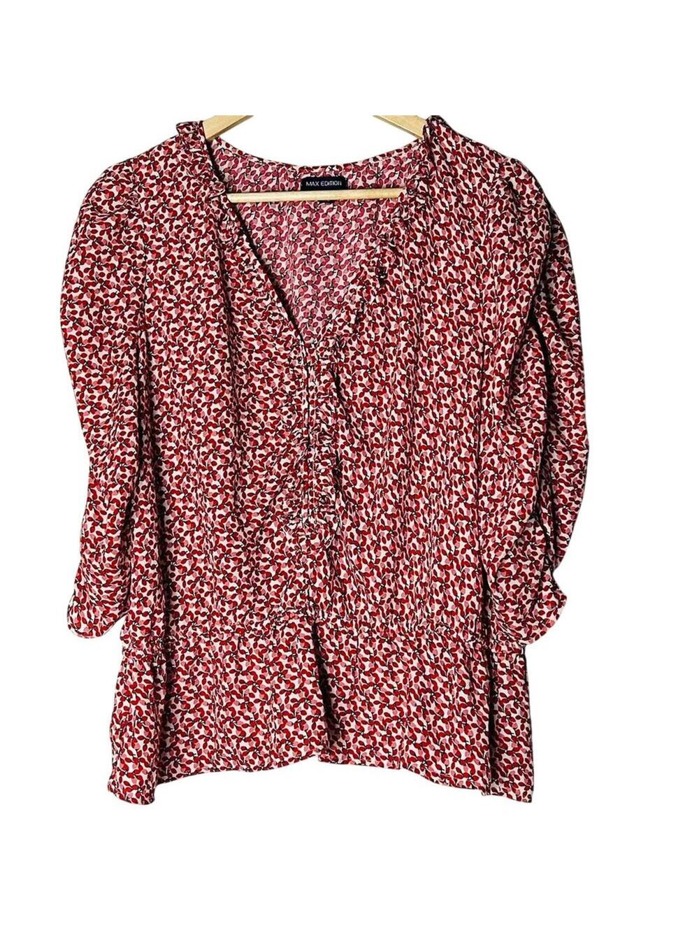 Max Edition Red White Floral Short Sleeve Blouse XL Elastic Waist Peplum